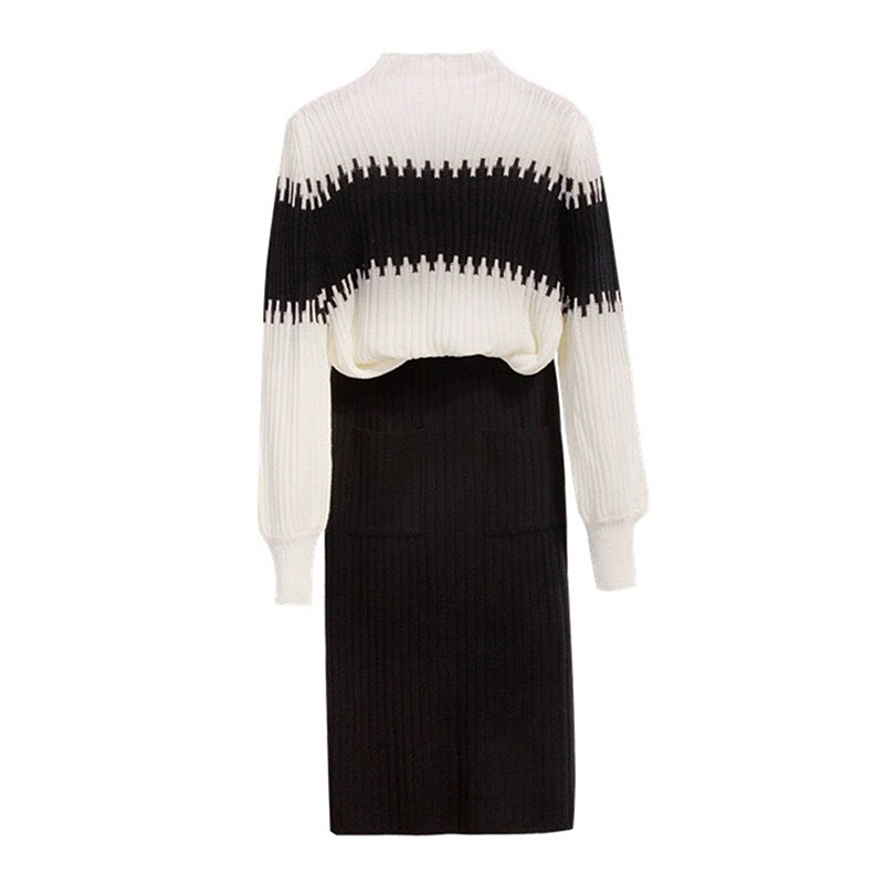 Women's 2-Piece Sweater Set Color-Block Long Sleeve Knit Top & Pocket Skirt For Winter Formal Occasions